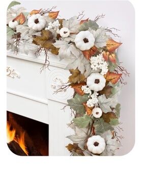 Autumn White Pumpkin Garland with Mixed Fall Leaves and Lights Brand new in box